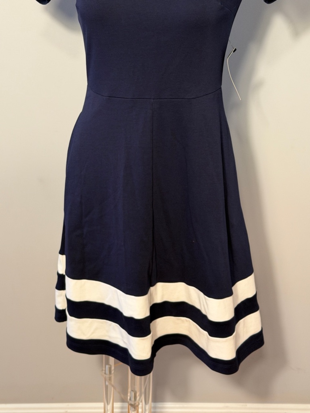 New York & Company Ladies NWT Fit & Flare Dress. Navy blue and white stripes. Sm - Picture 3 of 11
